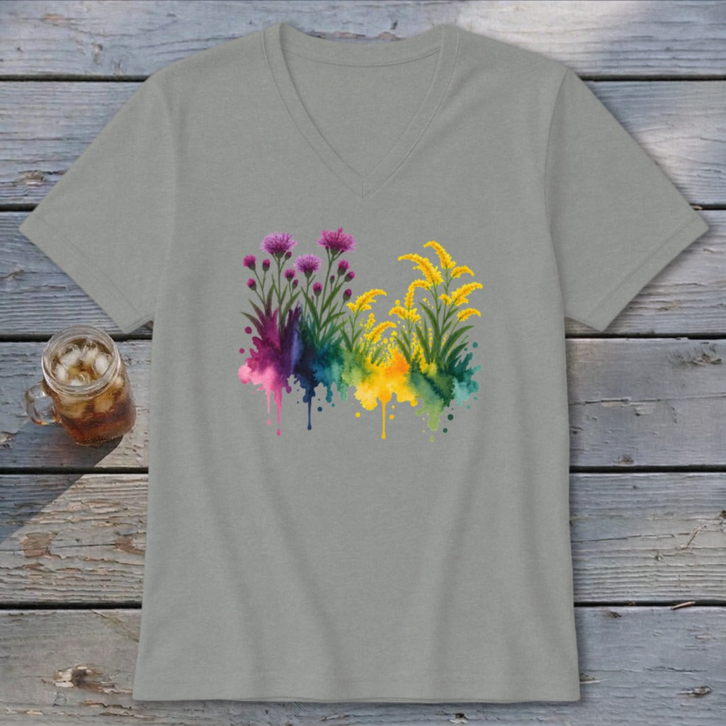 Gray v-neck t-shirt with watercolor floral design featuring purple and yellow flowers.