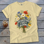 Light yellow t-shirt with floral graphic and "DECORATION DAY BLOOMS" text.