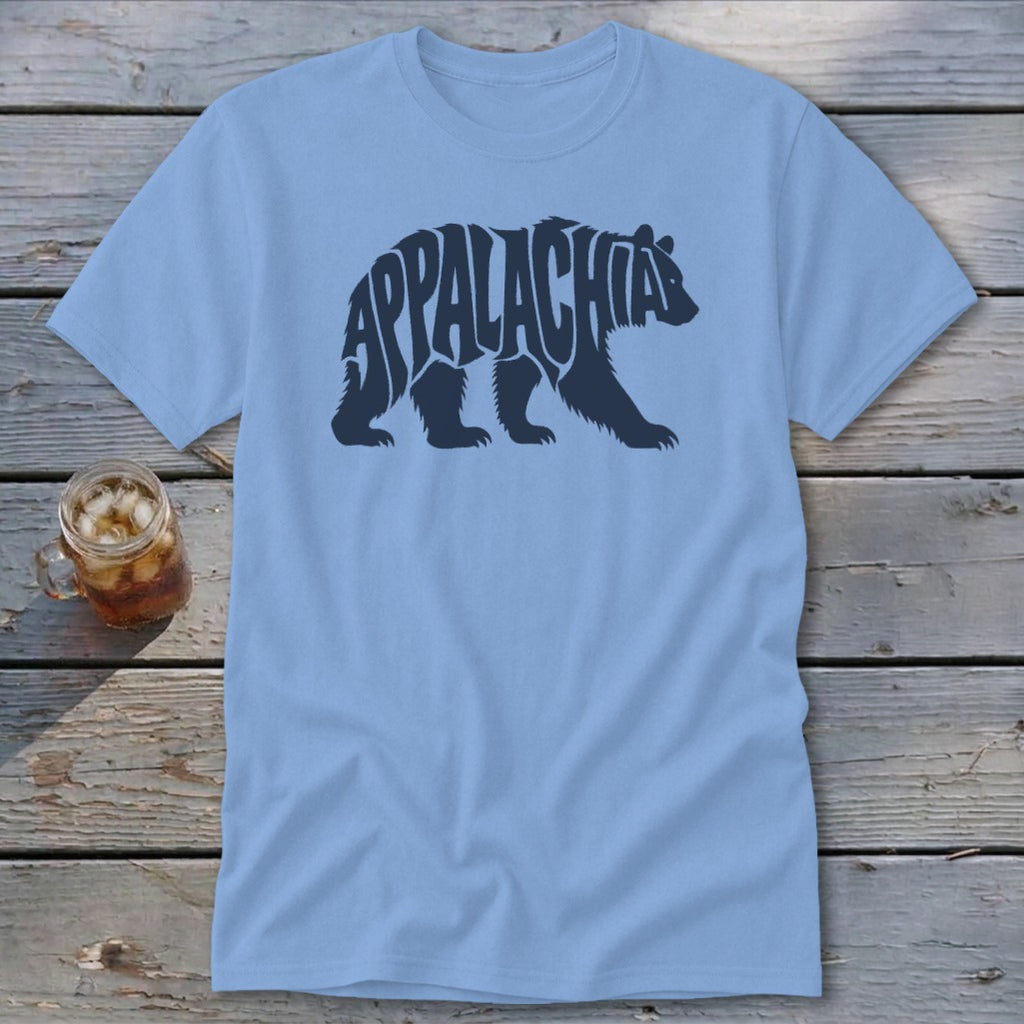 Light blue t-shirt displaying a dark blue graphic of a bear filled with the text Appalachia.