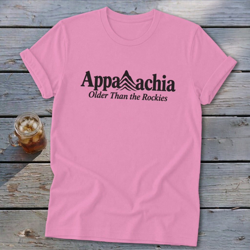 Pink t-shirt with black text "Appalachia Older Than the Rockies" and mountain graphic.