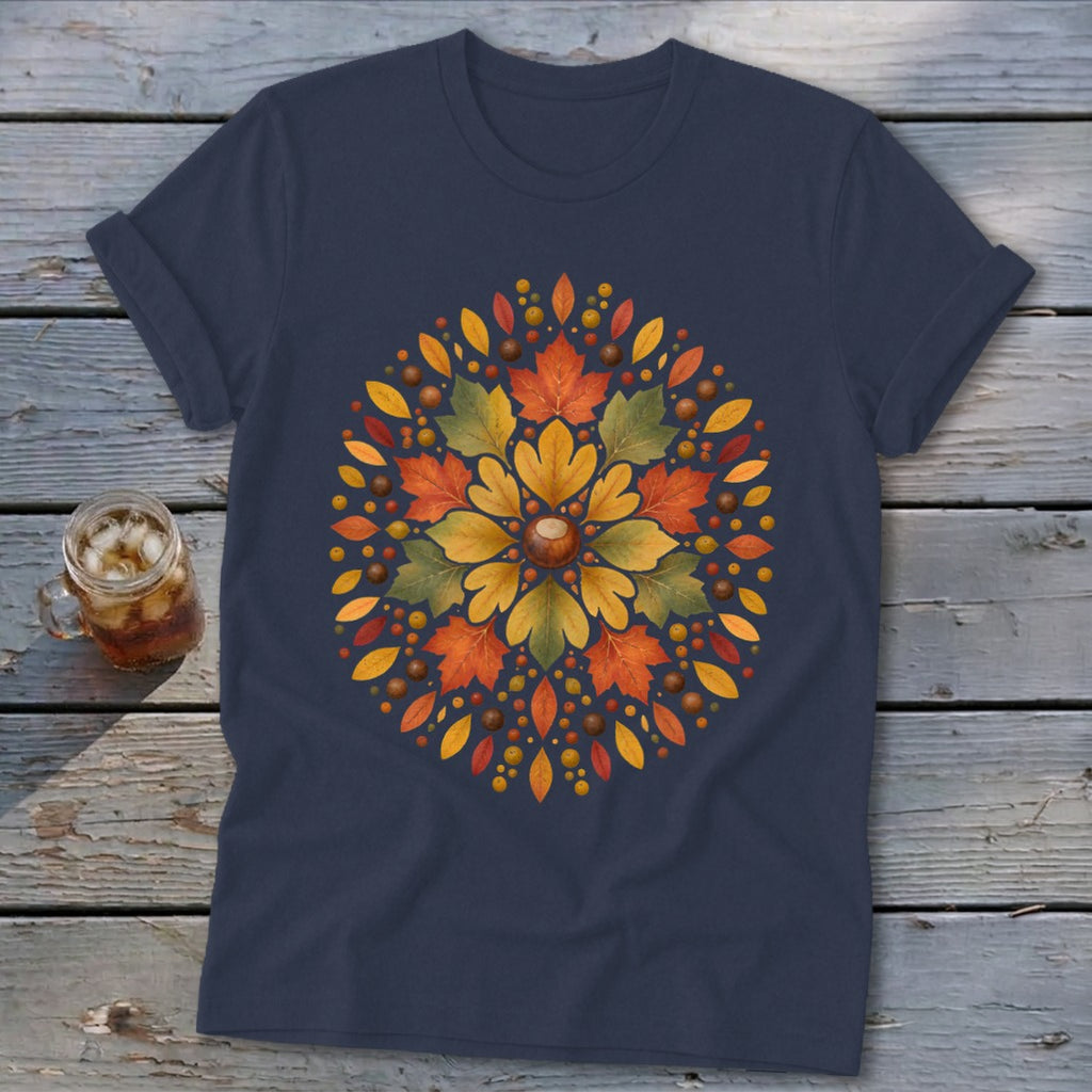 Navy t-shirt with a circular autumn leaf and acorn mandala design.