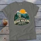 Gray t-shirt with "Ridge Walking Society" graphic depicting a hiker on a mountain.