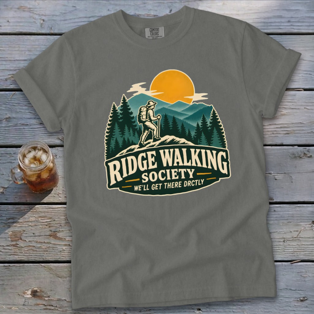 Gray t-shirt with "Ridge Walking Society" graphic depicting a hiker on a mountain.