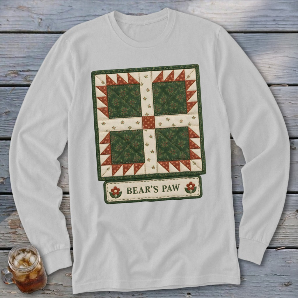 Long-sleeved white shirt with a "Bear's Paw" quilt block design and text.