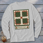 Long-sleeved white shirt with a "Bear's Paw" quilt block design and text.