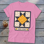 Pink t-shirt featuring a quilt block design with "OHIO STAR" text and sunflowers.