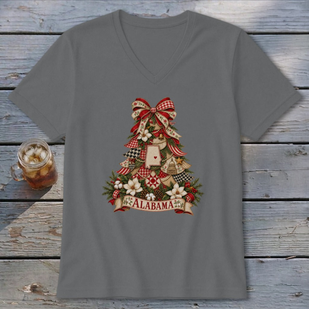Alabama Faux Patchwork Christmas Tree V-neck