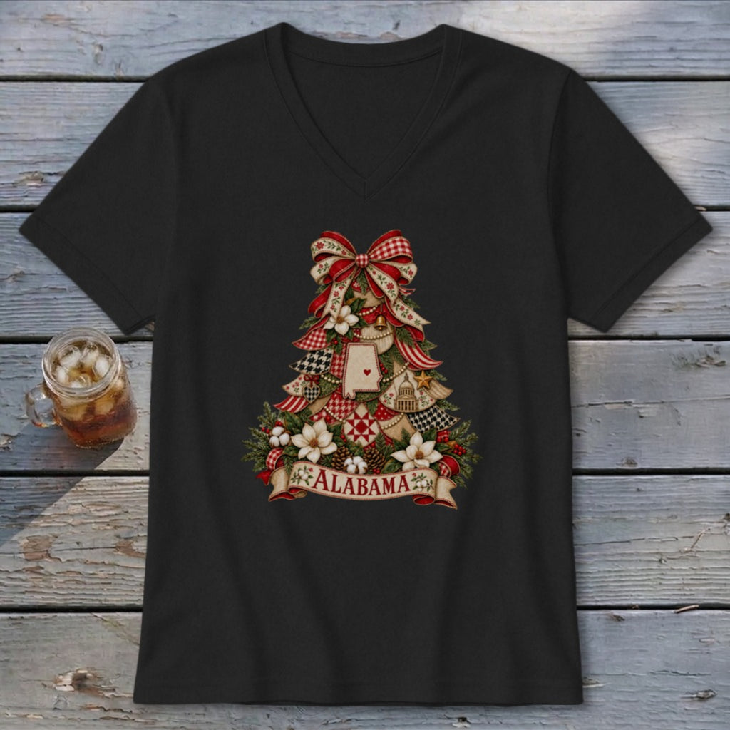 Alabama Faux Patchwork Christmas Tree V-neck