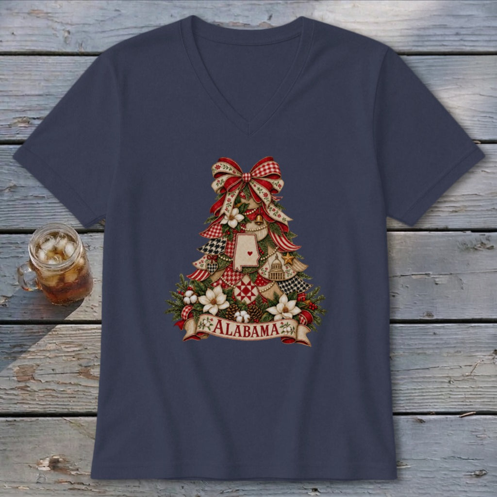 Alabama Faux Patchwork Christmas Tree V-neck
