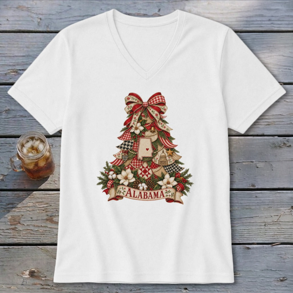 Alabama Faux Patchwork Christmas Tree V-neck