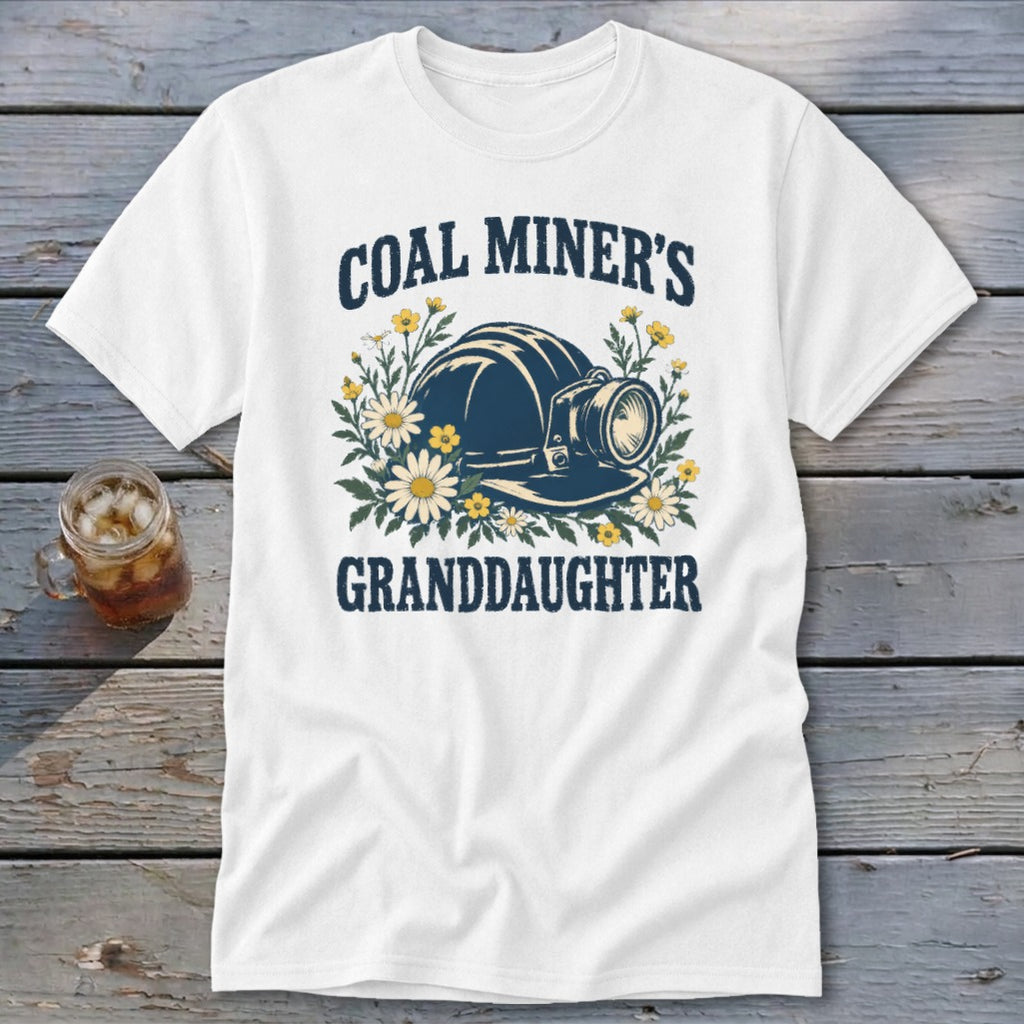 White t-shirt with "Coal Miner's Granddaughter" text and a miner's helmet.