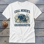 White t-shirt with "Coal Miner's Granddaughter" text and a miner's helmet.
