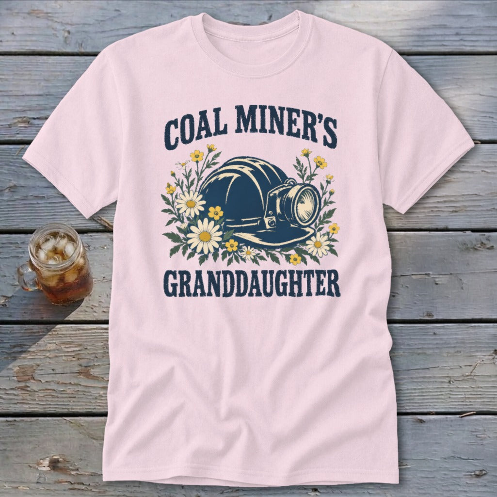 Pink t-shirt with "Coal Miner's Granddaughter" text and a miner's helmet with flowers.