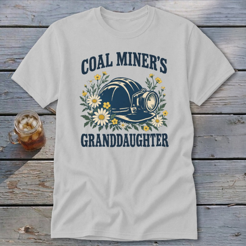 Light grey t-shirt with "Coal Miner's Granddaughter" text and a miner's helmet design.