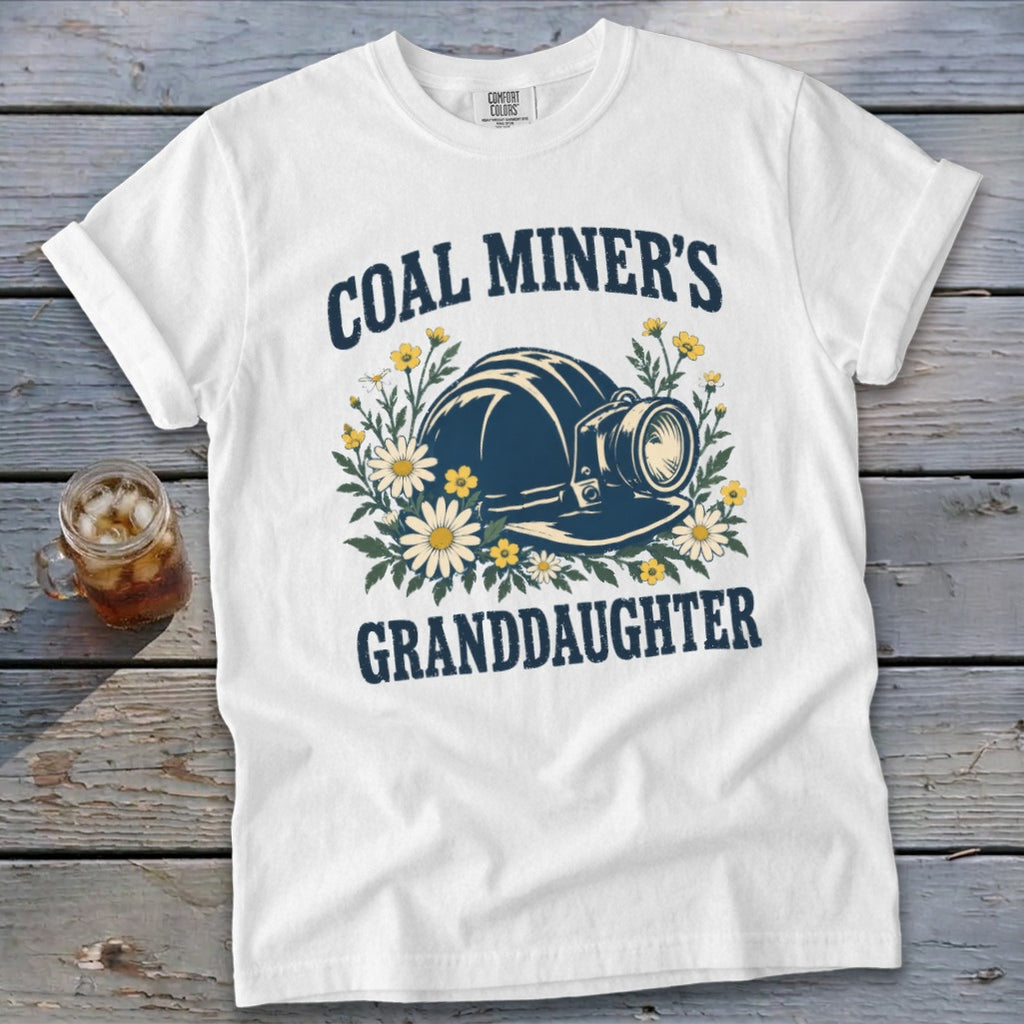 White t-shirt with "Coal Miner's Granddaughter" text and a miner's helmet.