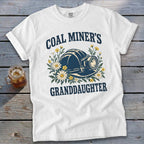 White t-shirt with "Coal Miner's Granddaughter" text and a miner's helmet.