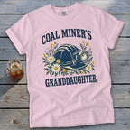 Pink t-shirt with "Coal Miner's Granddaughter" text and coal miner's helmet graphic.