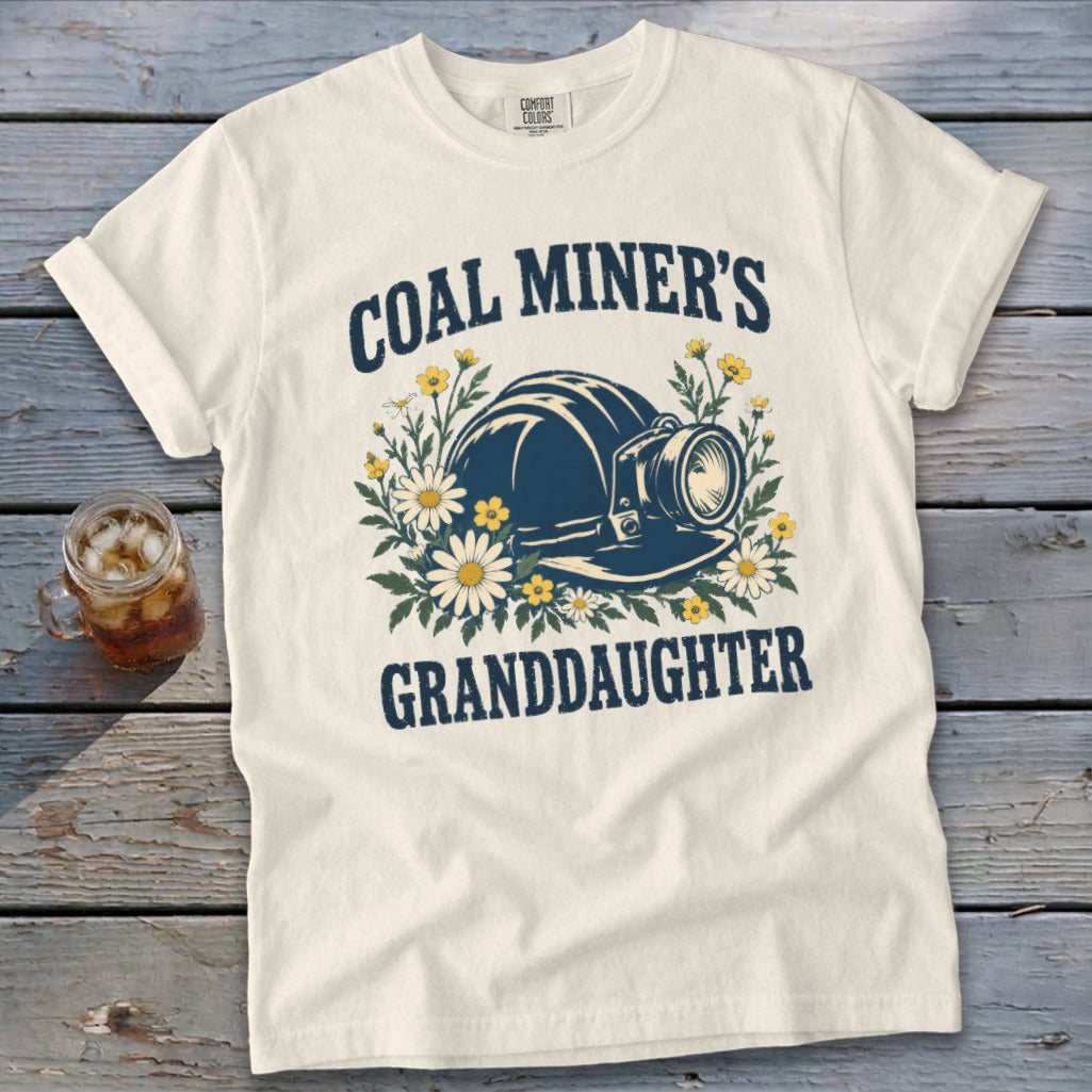 Coal miner's granddaughter t-shirt with hard hat and flowers graphic.