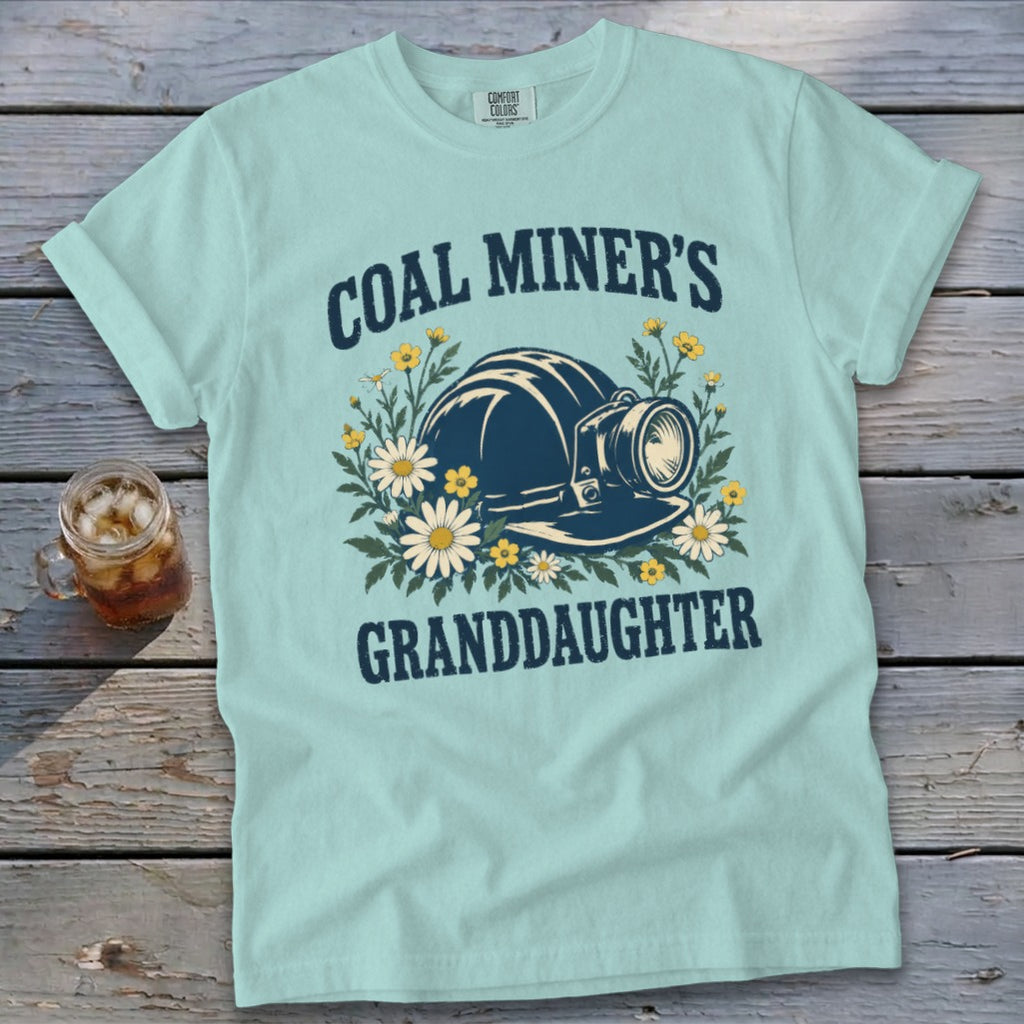 Light blue t-shirt with "Coal Miner's Granddaughter" and miner's helmet graphic.