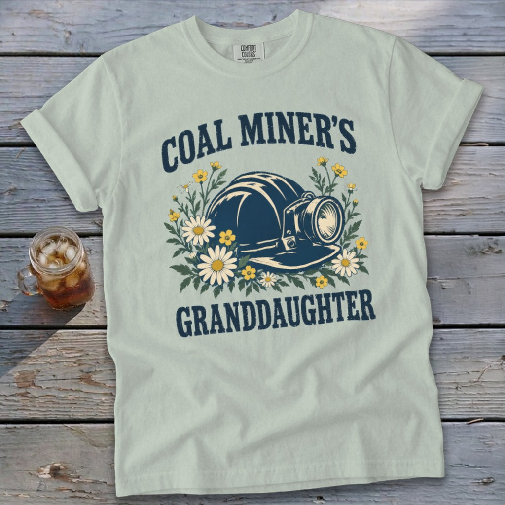Coal Miner's Granddaughter t-shirt with floral miner's helmet graphic.
