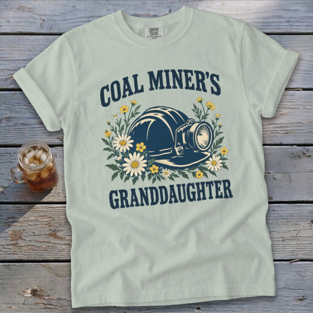 Coal Miner's Granddaughter t-shirt with floral miner's helmet graphic.