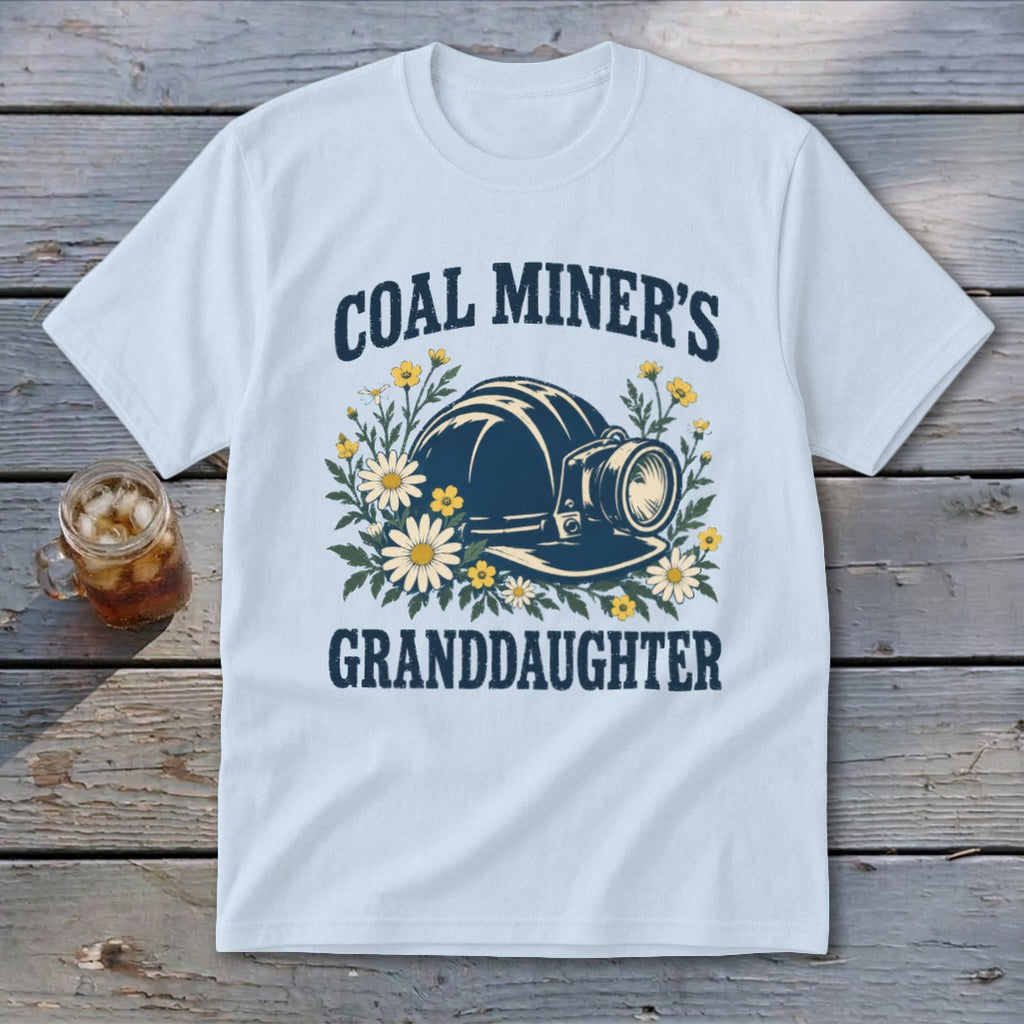 Light blue t-shirt with "Coal Miner's Granddaughter" text and a miner's helmet with flowers.