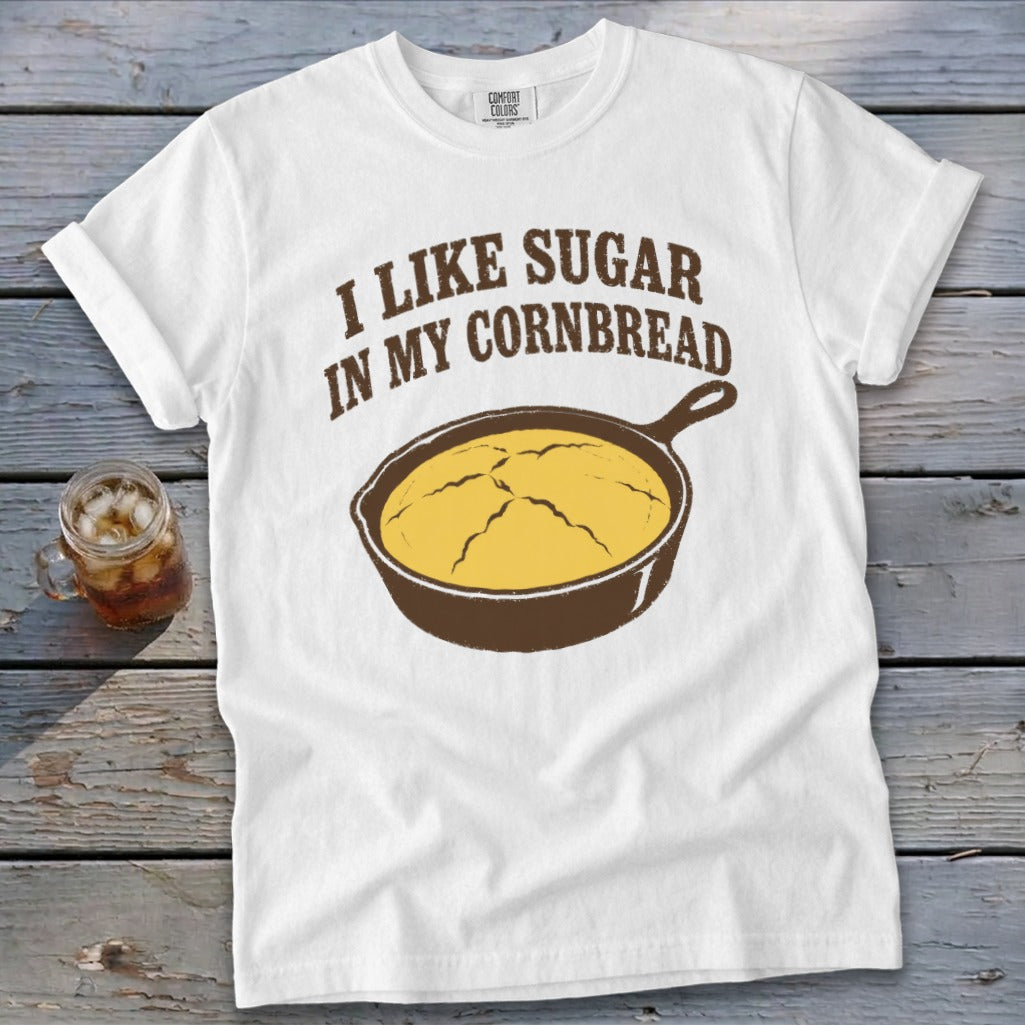 White t-shirt with "I Like Sugar In My Cornbread" and skillet graphic.