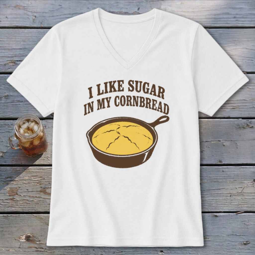 White v-neck t-shirt with "I like sugar in my cornbread" and cast iron skillet graphic.