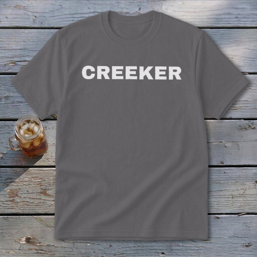 Gray t-shirt with white "CREEKER" text and a glass of iced tea.