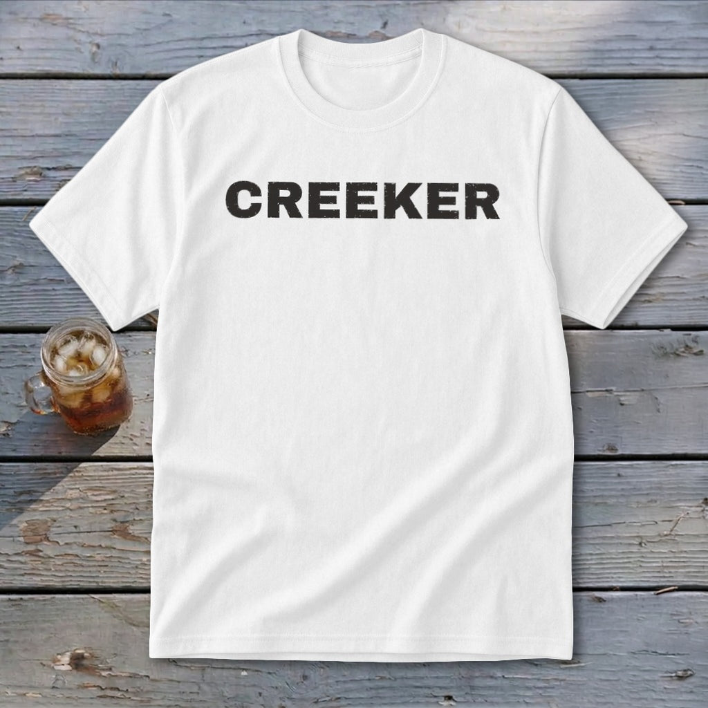 White t-shirt with "CREEKER" printed in black text.