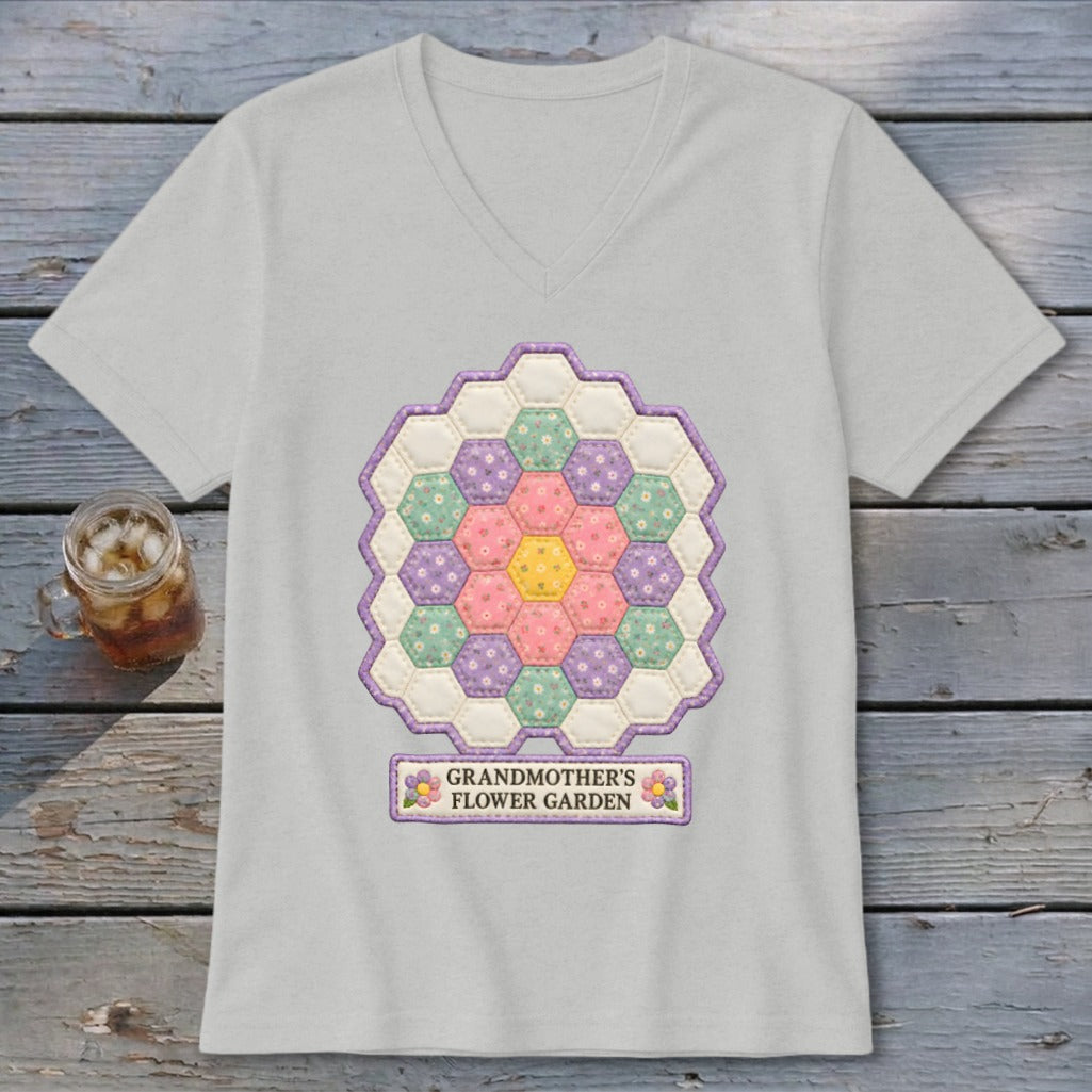 Grandmother's Flower Garden Faux Quilt Block V-neck