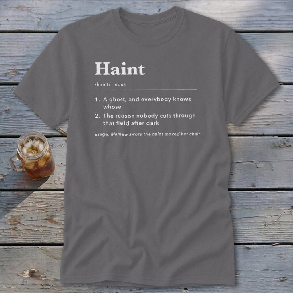 Grey t-shirt with "Haint" definition including two meanings and a usage example.