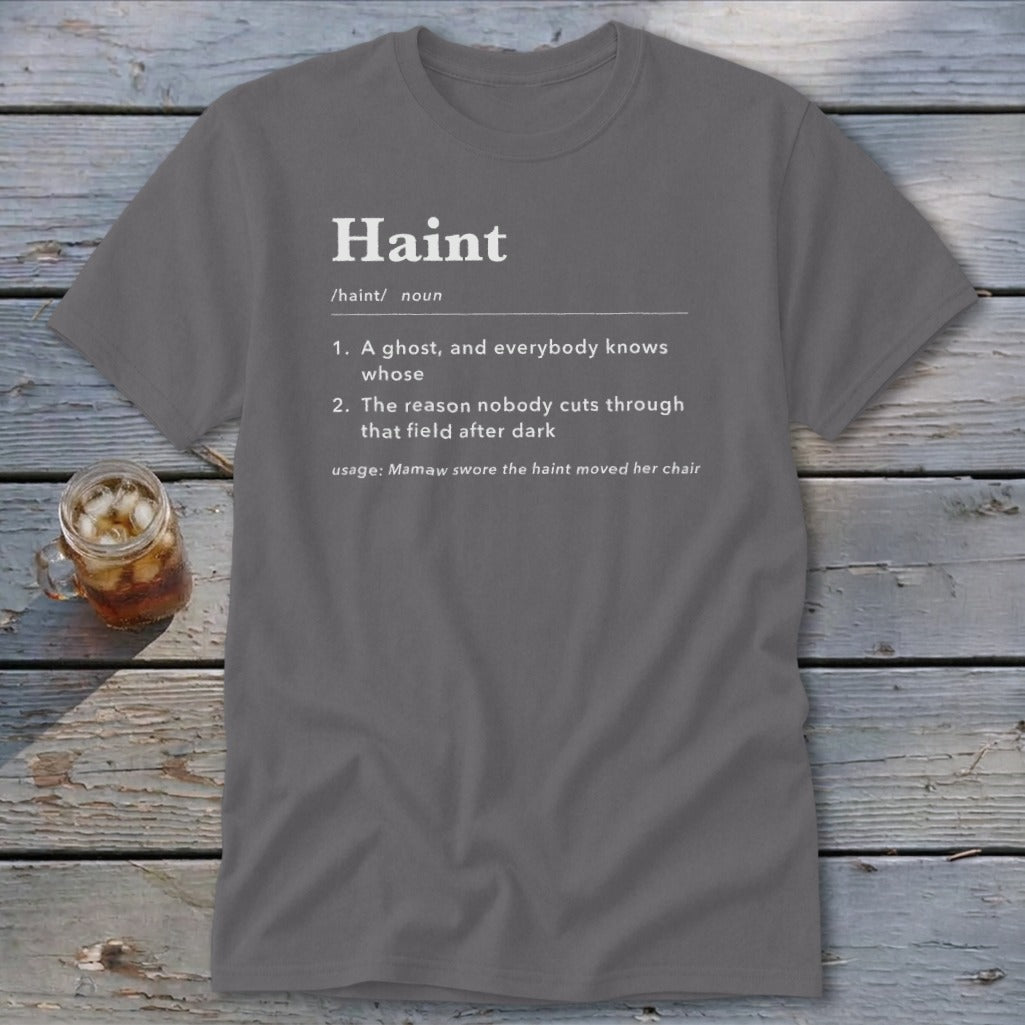 Grey t-shirt with "Haint" definition including two meanings and a usage example.