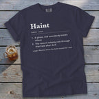 Navy t-shirt with "Haint" definition: a ghost and something that keeps you from a dark field.