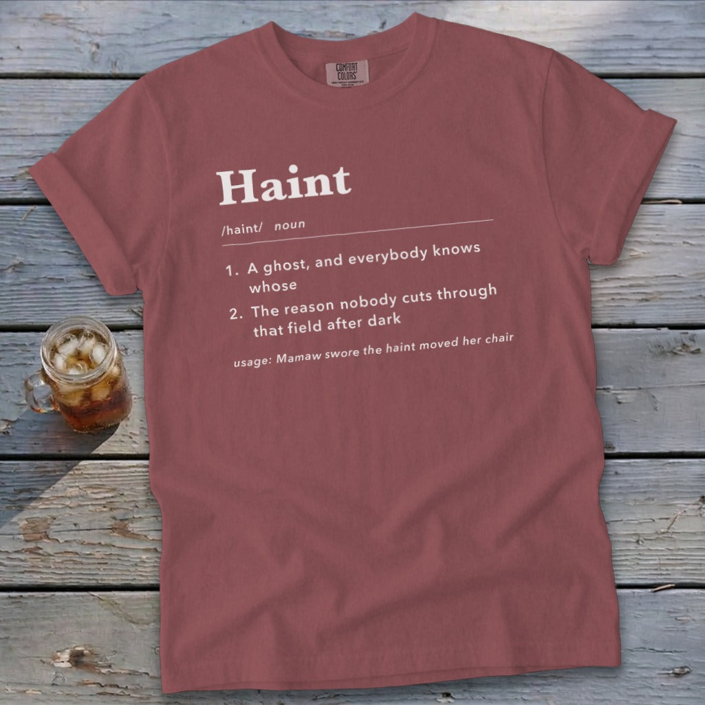 Rose t-shirt with "Haint" definition and usage example printed in white.