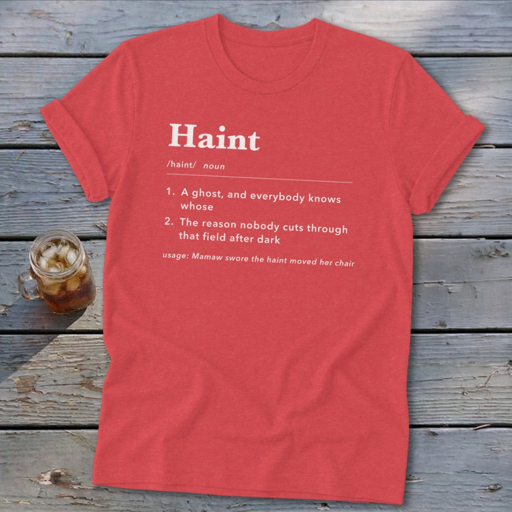 Coral t-shirt with "Haint" definition, including ghost and field definitions.