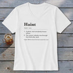 White V-neck t-shirt with "Haint" dictionary definition printed in black.