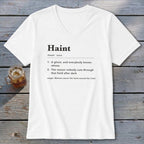 White v-neck t-shirt with dictionary definition of "Haint."