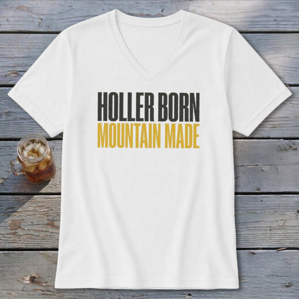 White v-neck t-shirt with "Holler Born Mountain Made" text in black and gold.
