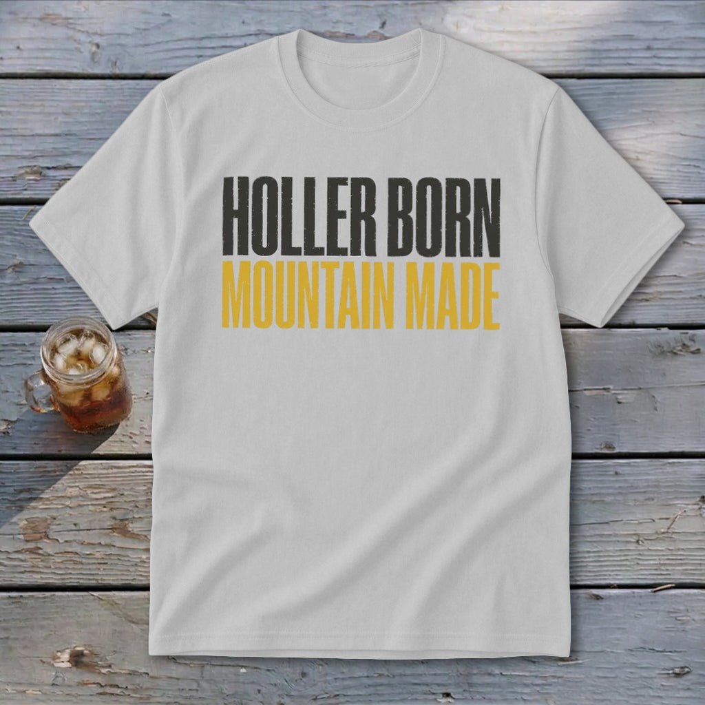White t-shirt with "HOLLER BORN MOUNTAIN MADE" text.