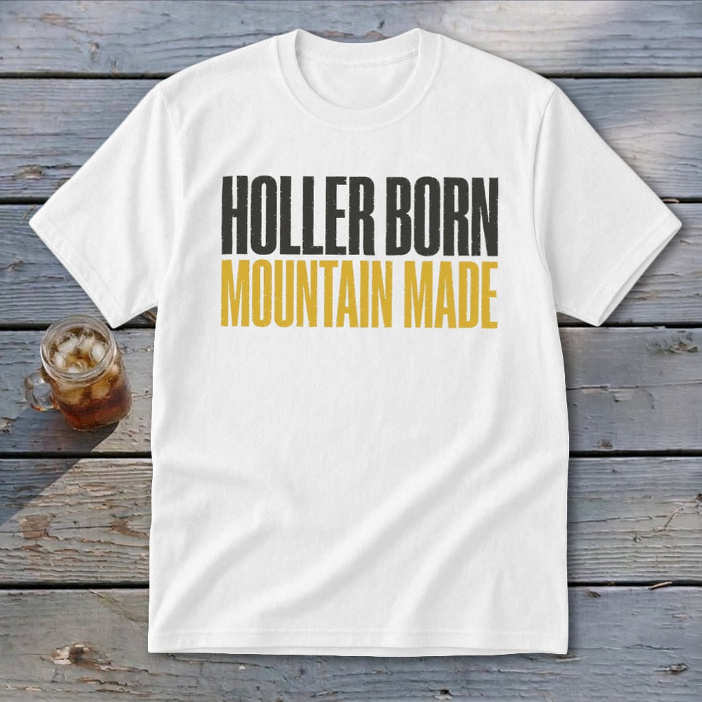 White t-shirt with "HOLLER BORN MOUNTAIN MADE" text.