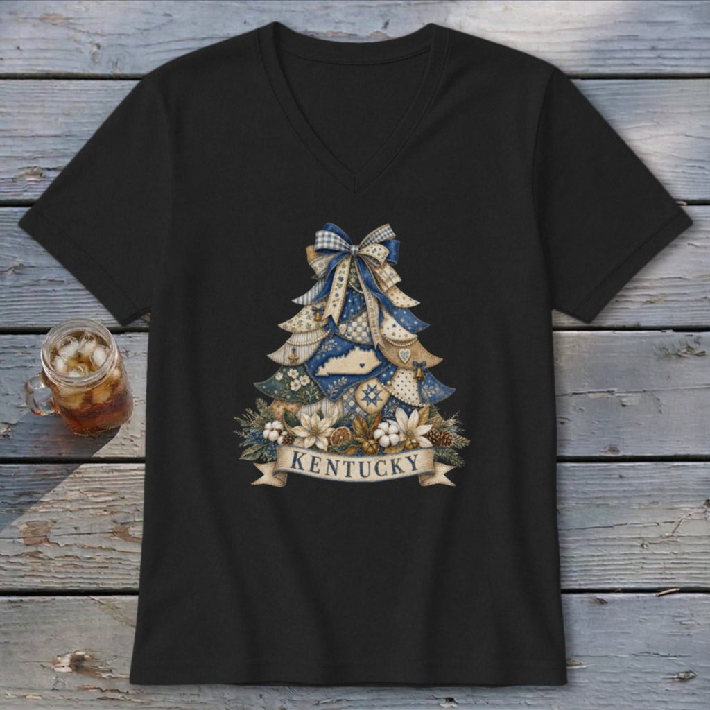 Kentucky Faux Patchwork Christmas Tree V-neck