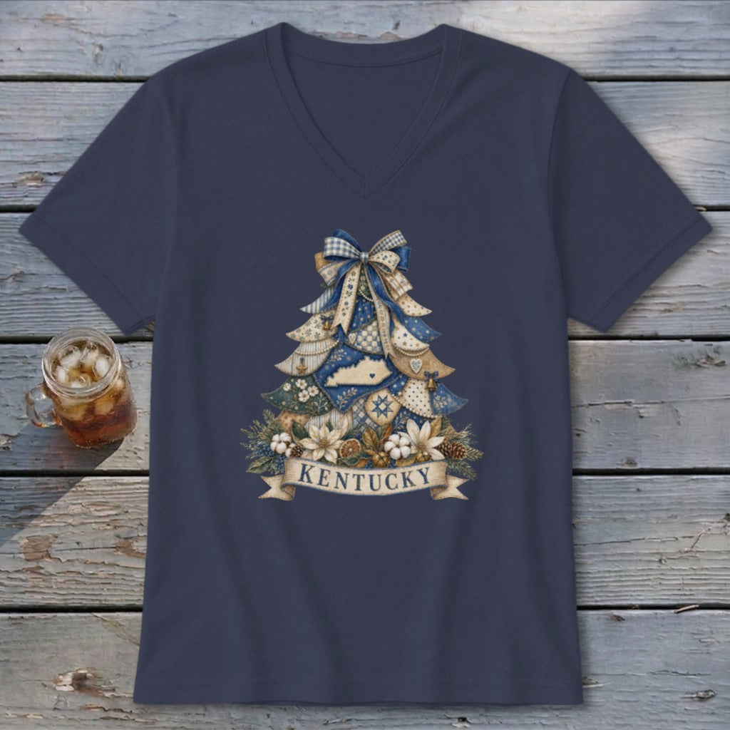 Kentucky Faux Patchwork Christmas Tree V-neck