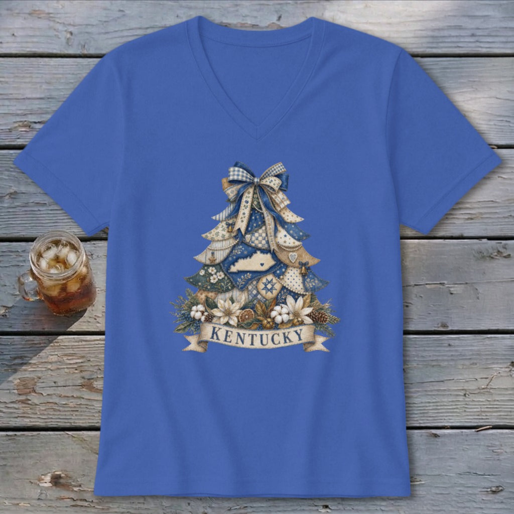 Kentucky Faux Patchwork Christmas Tree V-neck