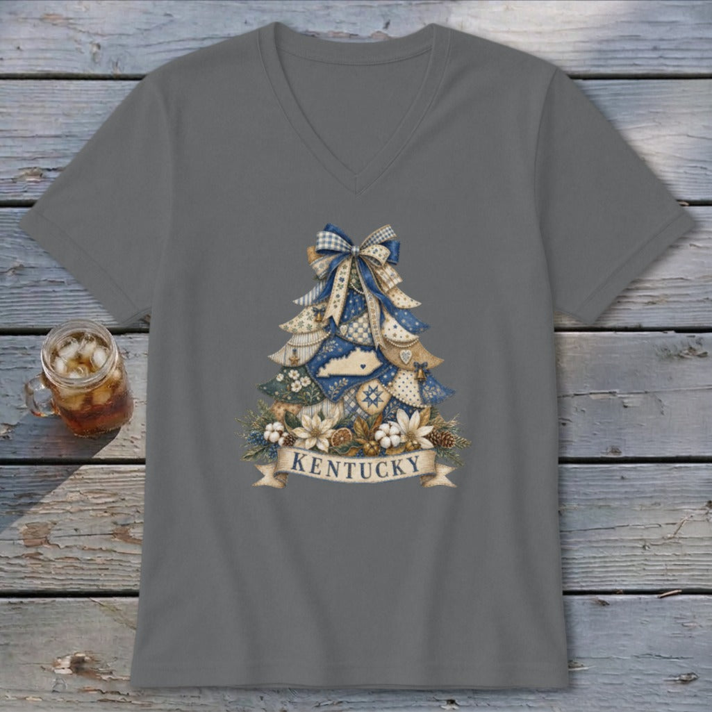 Kentucky Faux Patchwork Christmas Tree V-neck