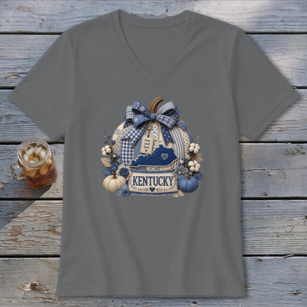 Kentucky Faux Patchwork Pumpkin V-neck