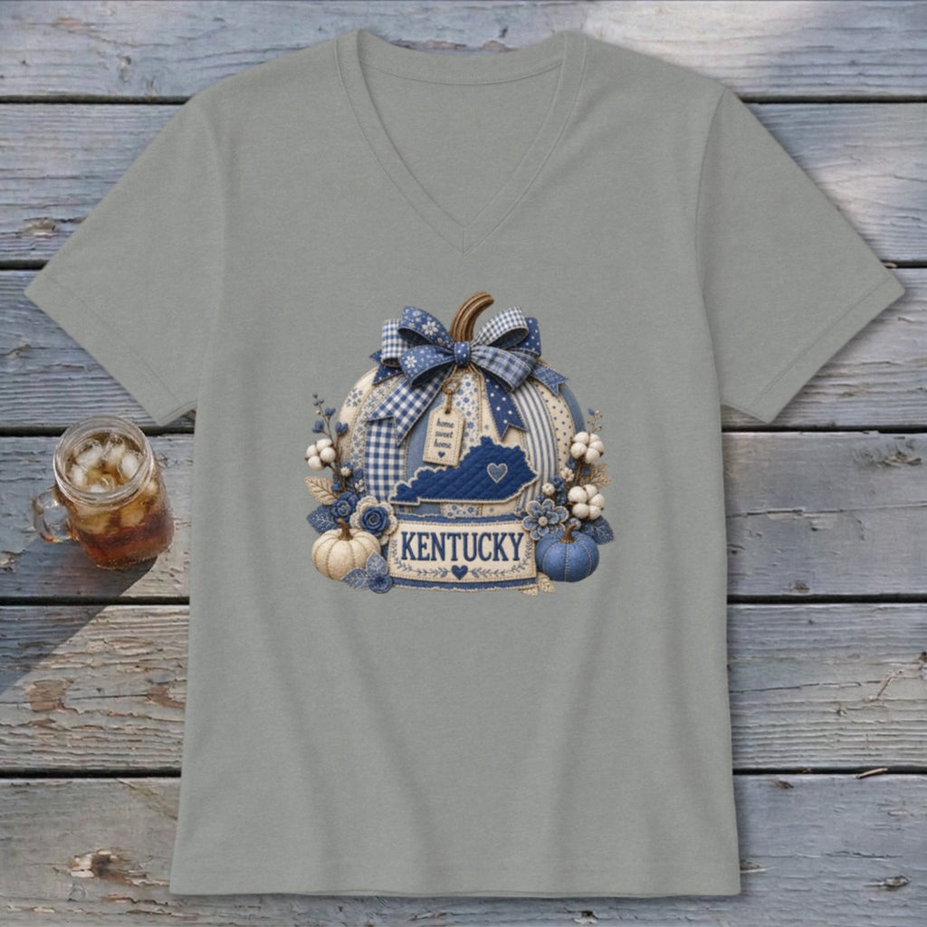Kentucky Faux Patchwork Pumpkin V-neck