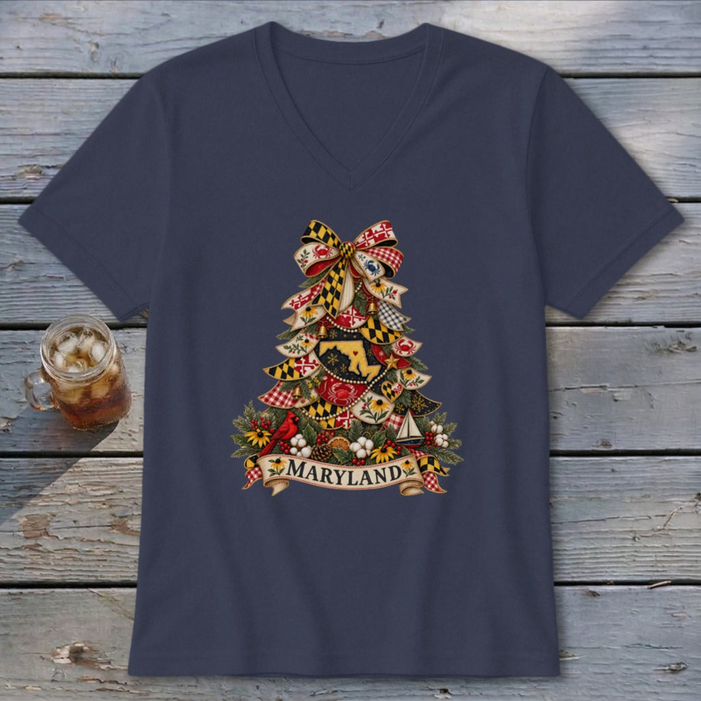 Maryland Faux Patchwork Christmas Tree V-neck