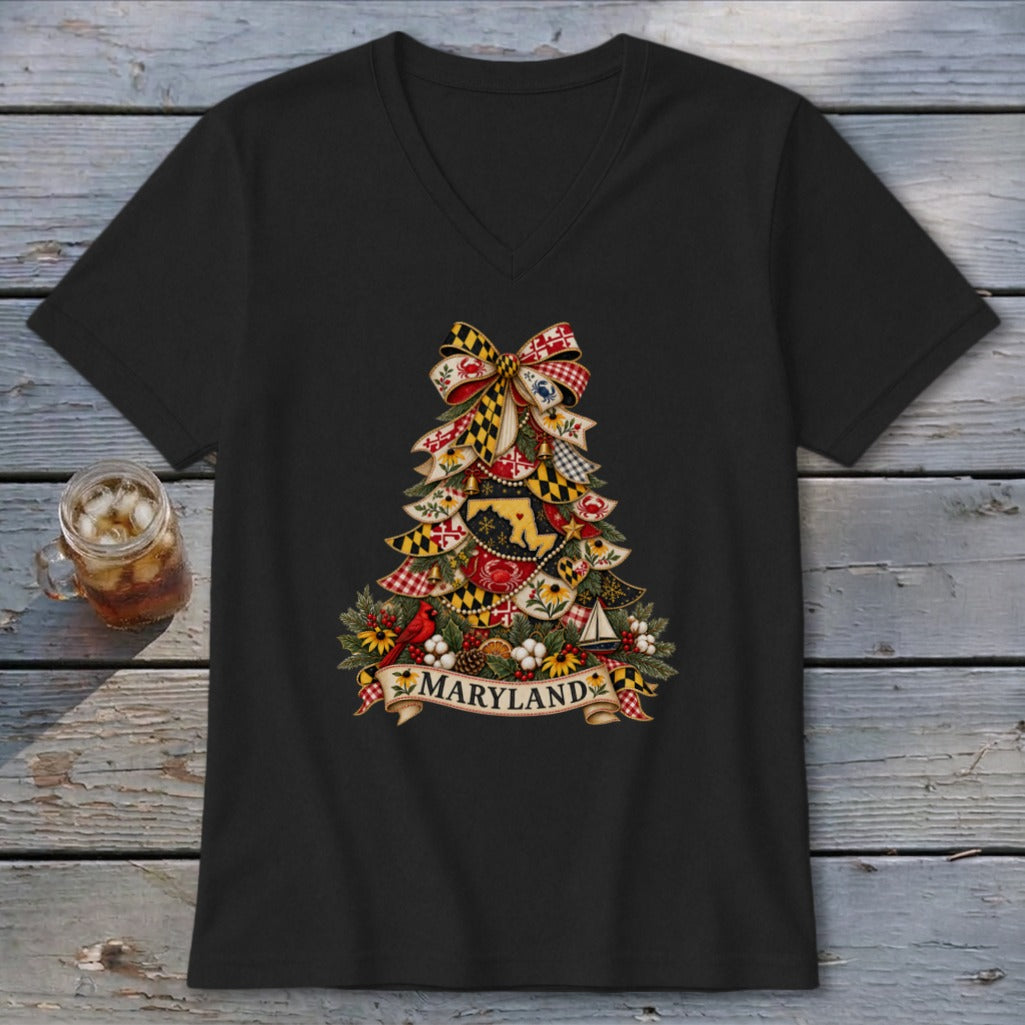Maryland Faux Patchwork Christmas Tree V-neck
