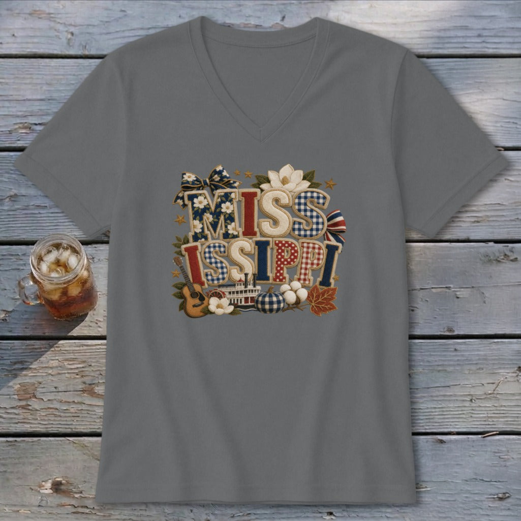 Mississippi Faux Chenille Fall Patch V-neck